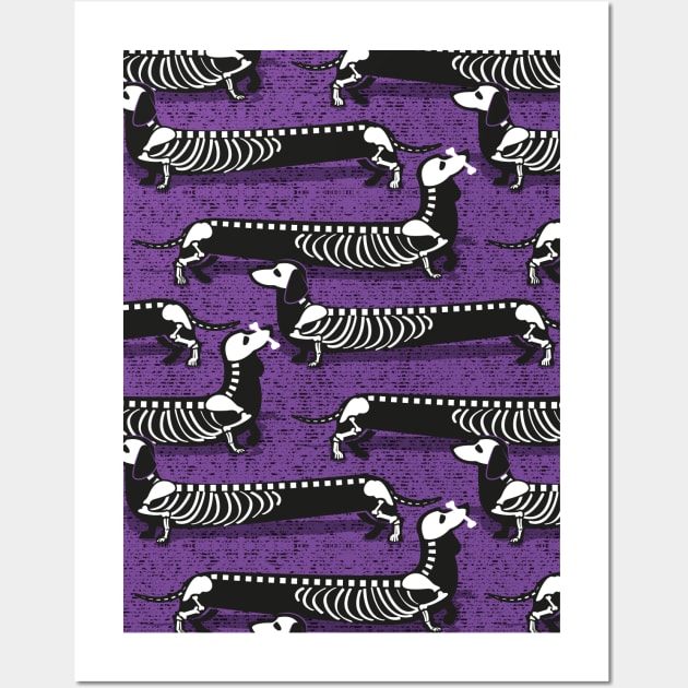 Spooktacular long dachshunds skeleton // pattern // studio purple background and skeleton dogs Wall Art by SelmaCardoso